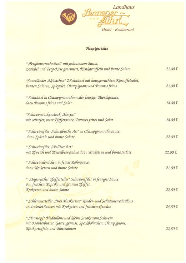 Abendkarte Hauptgerichte